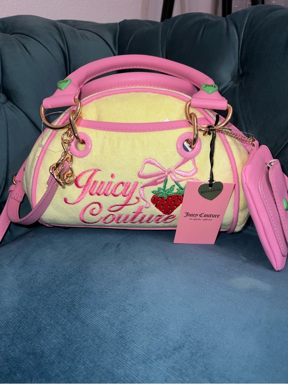 Juicy Couture Retro Strawberry yellow iris Satchel Bag Coin Purse Terry bowler